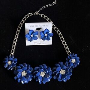 Royal Blue Flower And Rhinestone Necklace And Earrings